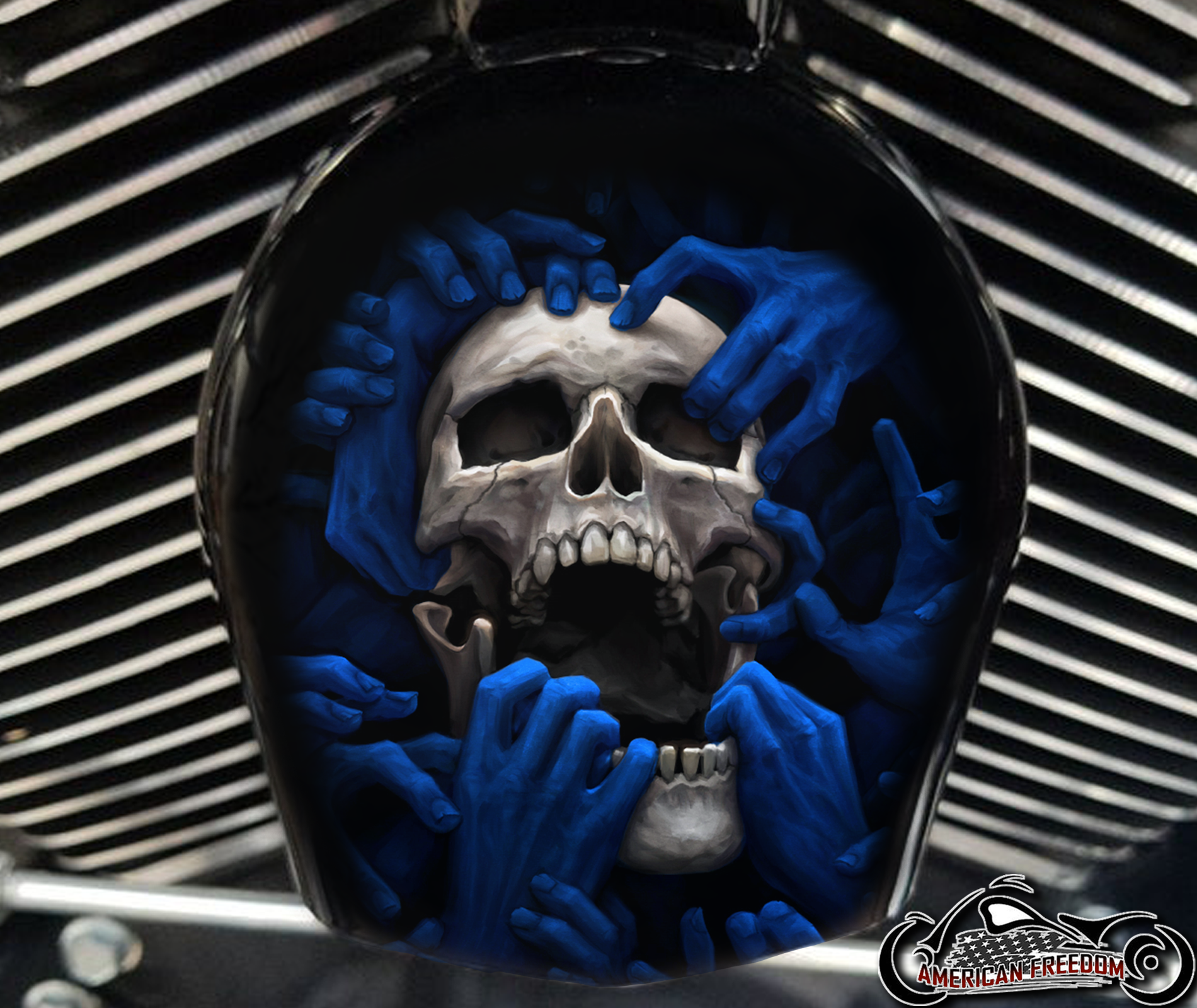 Custom Horn Cover - Torn apart skull blue